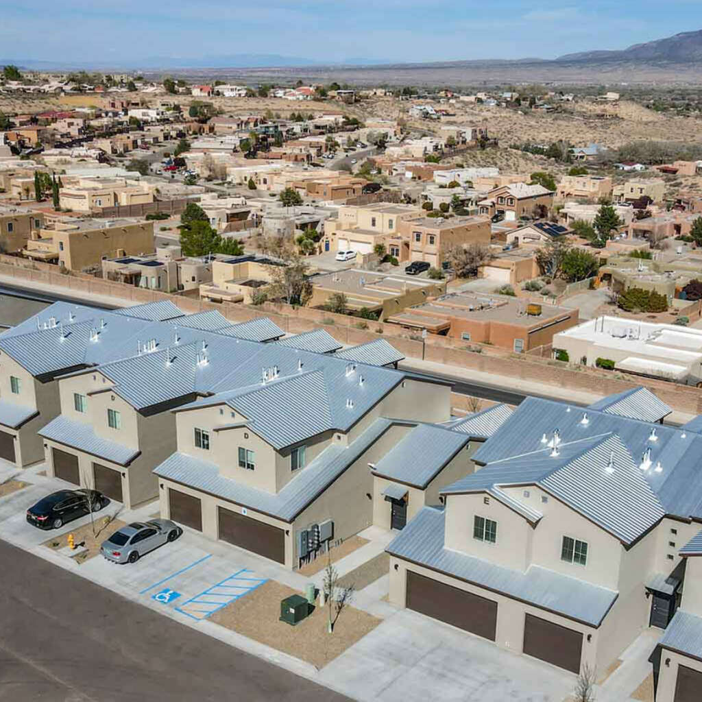 Aerial view of a townhome community in the Albuquerque metro area