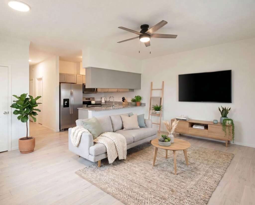 Living room and kitchen in a newly built Vista Bosque townhome in Rio Rancho